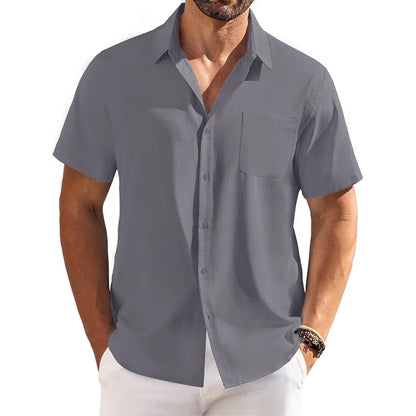 Cotton Linen Breathable Shirt for Men Solid Color Turn Down Collar