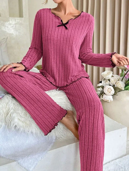 Women Autumn Winter Sleepwear Ribbed Pajamas Set Long Sleeve