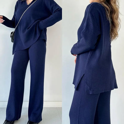 Two Piece Pant Sets Women Knit Sweater V Neck Full Sleeve