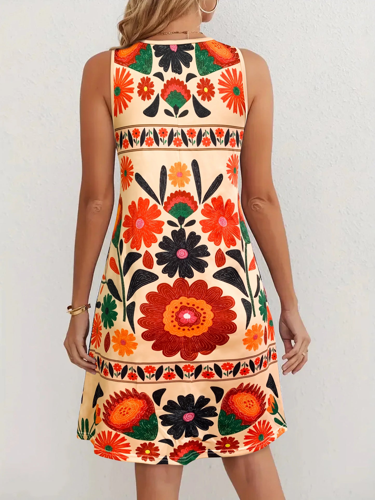 Women’s Sleeveless Boho Floral Dress Colorful Flower Print Mini Dress