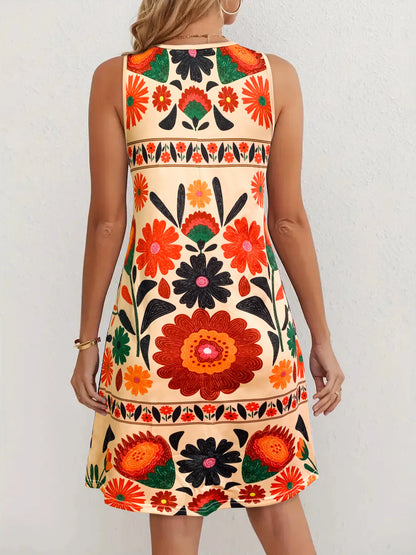 Women’s Sleeveless Boho Floral Dress Colorful Flower Print Mini Dress