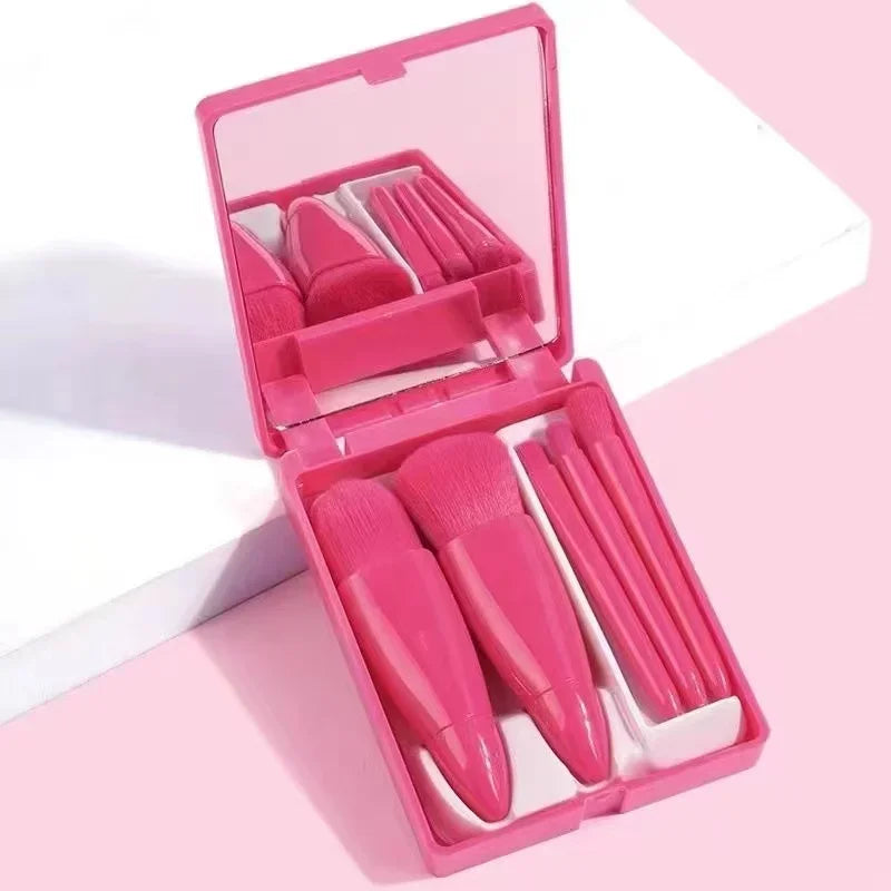 5pcs Mini Makeup Brush Set with Mirror - Multifunctional Travel
