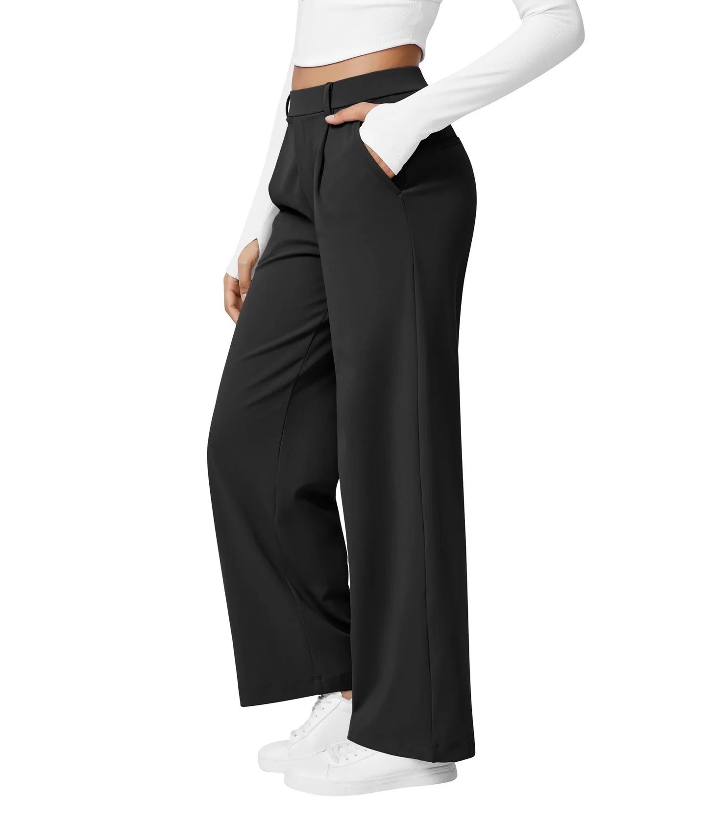 Flex High Waisted Work Pants Plicated Side Pockets Straight Leg