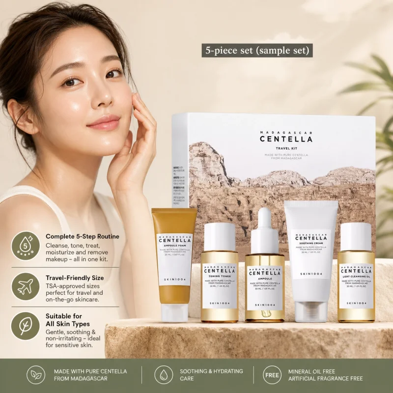 Korean Centella Travel Kit,Toner, Ampoule,Soothing Cream,Ampoule Foam,Cleansing Oil Basic Skincare Mini 5pcs Trial Kit Box