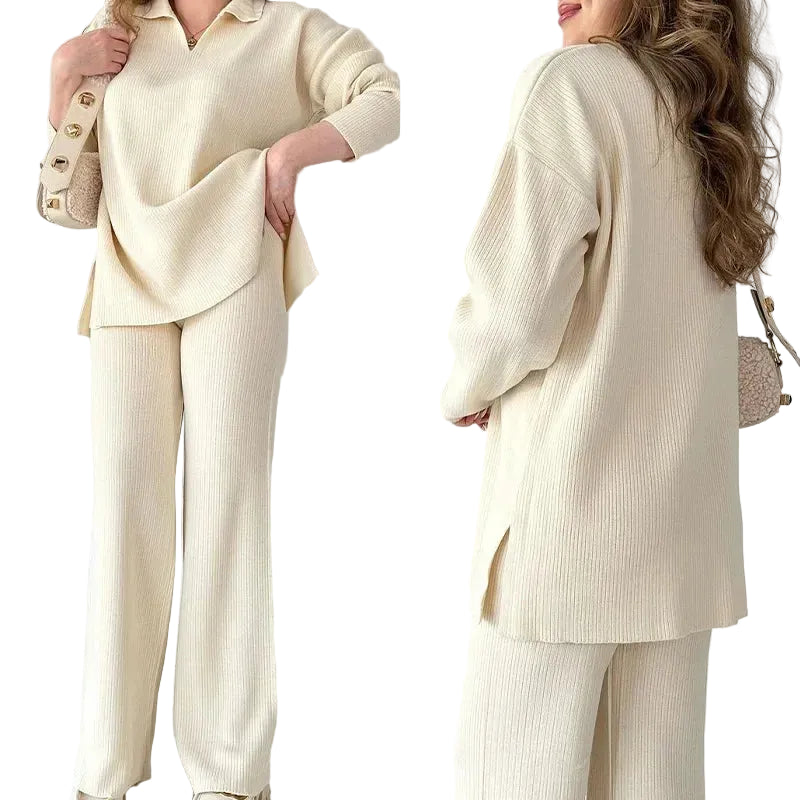 Two Piece Pant Sets Women Knit Sweater V Neck Full Sleeve