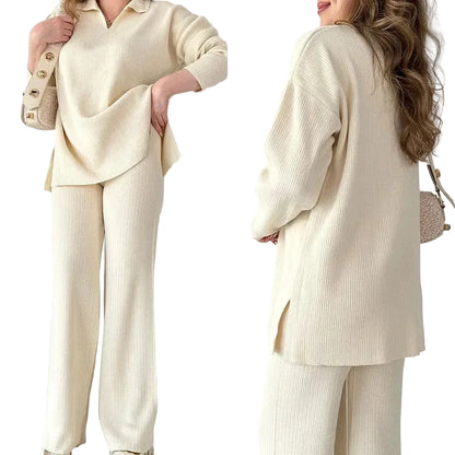 Two Piece Pant Sets Women Knit Sweater V Neck Full Sleeve