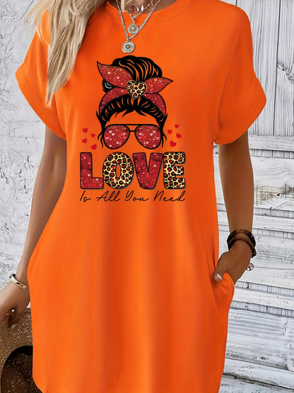 Women'S Casual Knit TShirt Dress with Letter Print Crew Neck Short