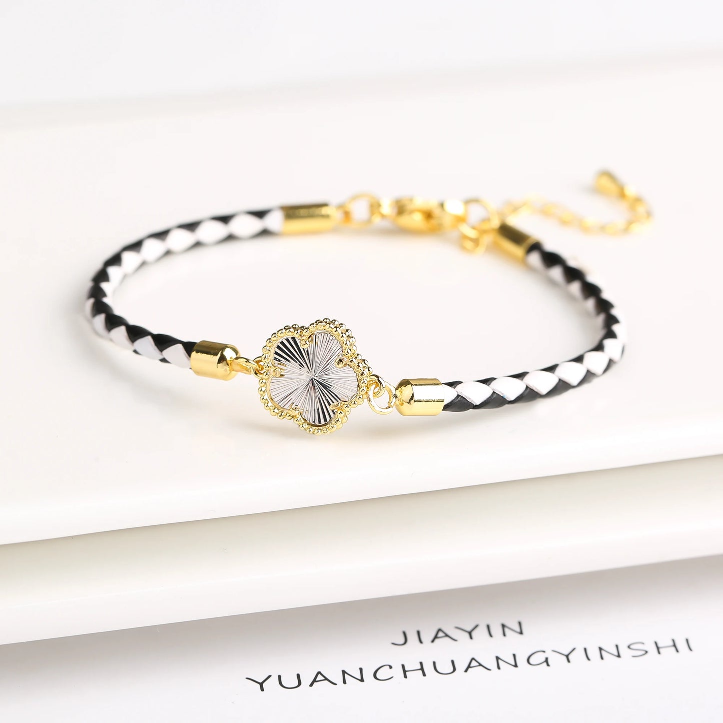 Classic Genuine Leather Woven Natural Stone Five Leaf Flower Charm Bracelet