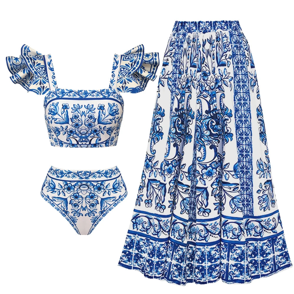 2-Piece Shoulder Ruffle Swimsuit With Cover Up Sexy Women