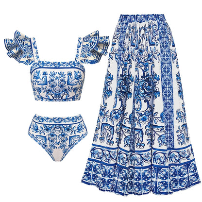 2-Piece Shoulder Ruffle Swimsuit With Cover Up Sexy Women