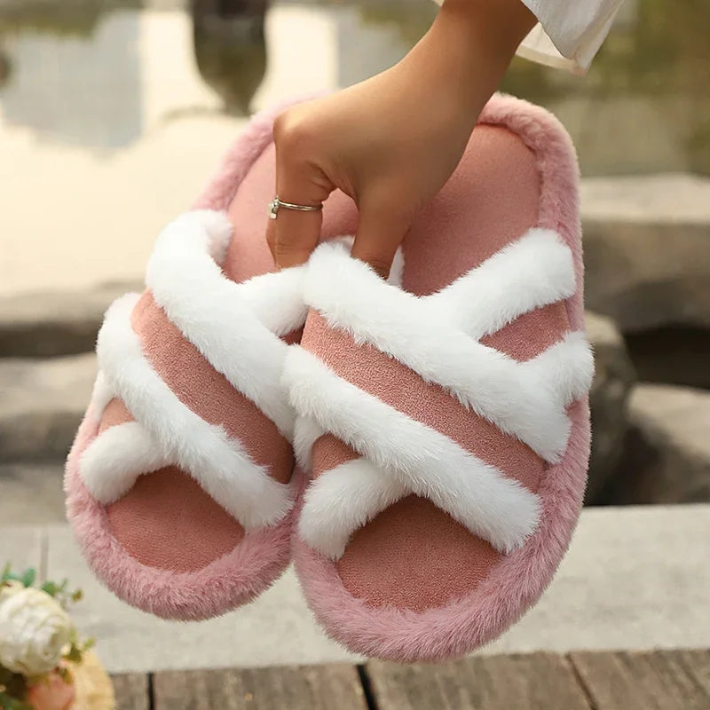 Luxury Faux Fur Cross Strap Slippers Women Winter