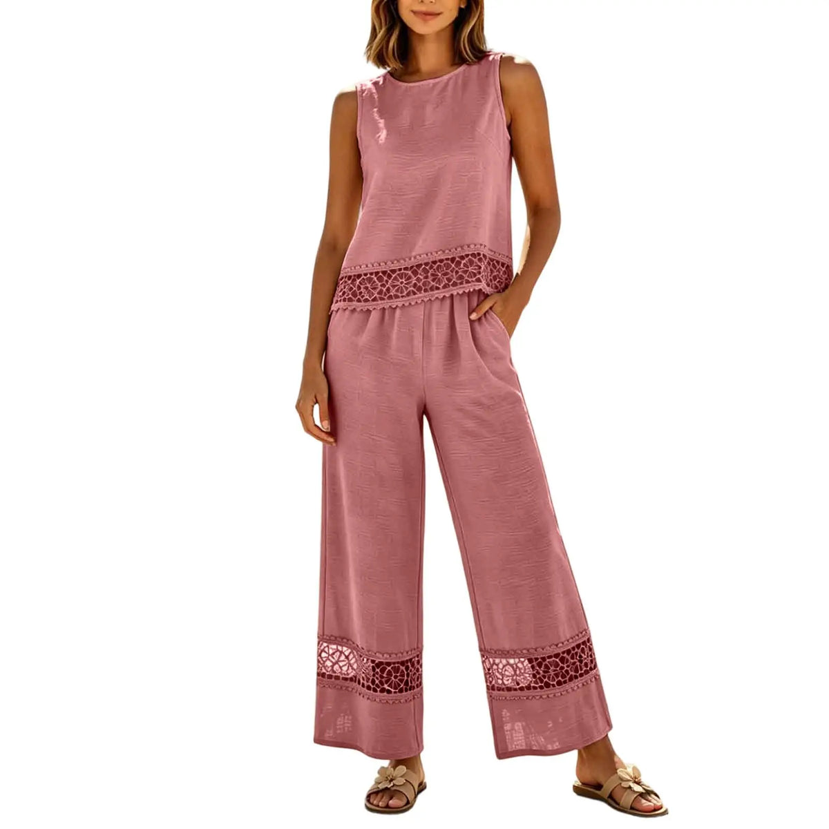 Women's 2 Piece Lace Set - Crop Top & Wide Leg Pants