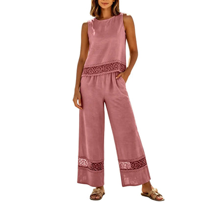 Women's 2 Piece Lace Set - Crop Top & Wide Leg Pants