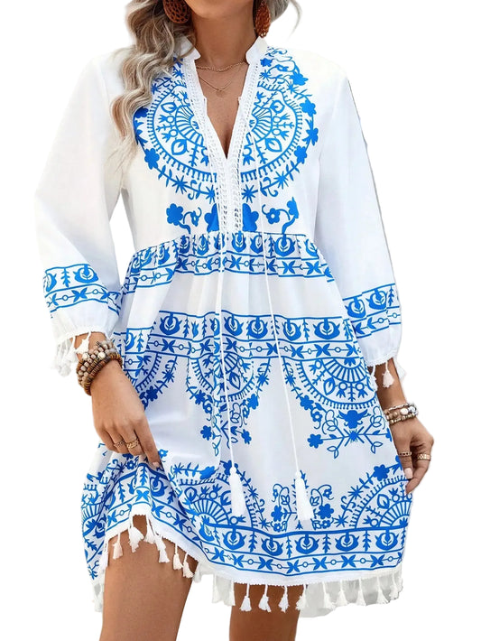 White background wavy pattern women's mid-length dress, casual, vacation style