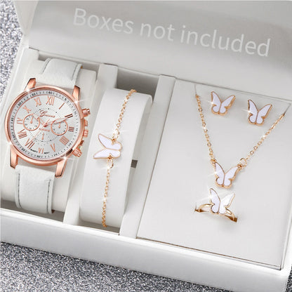 5/6PCS Fashion Women's Quartz Watch Leather Band Analog Wrist Watches Heart Rhinese Jewelry Set(Without Box)
