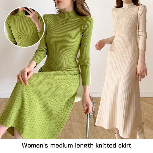 1)Long Knitted Dress Women Winter Sweater Dress Female Elegant Slim Long Sleeve Knee Length Dress Ladies Warm Office Dresses