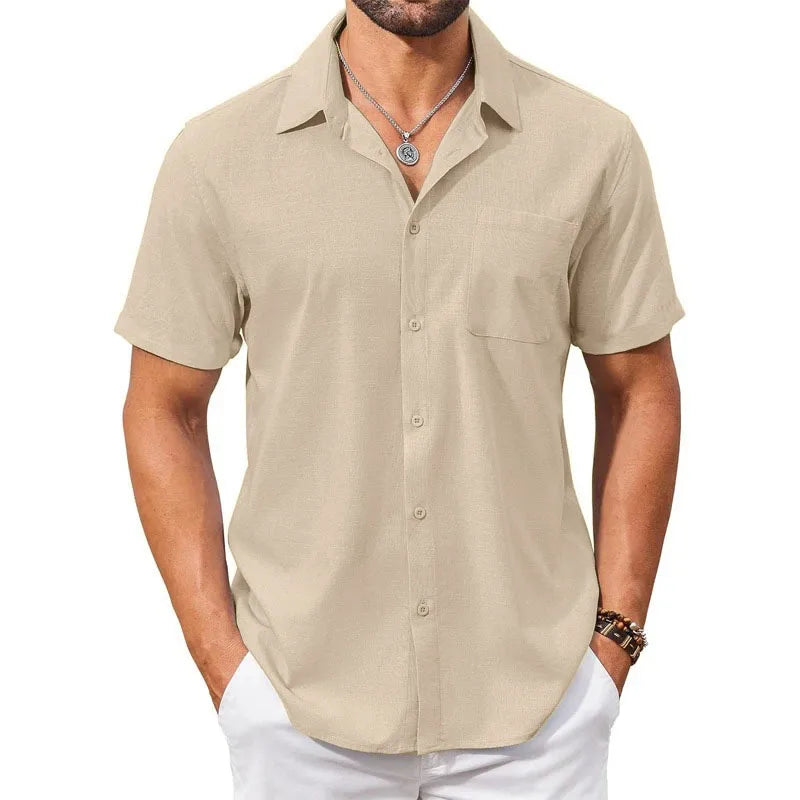 Cotton Linen Breathable Shirt for Men Solid Color Turn Down Collar
