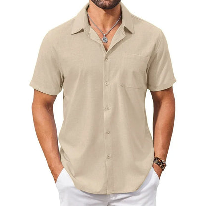 Cotton Linen Breathable Shirt for Men Solid Color Turn Down Collar