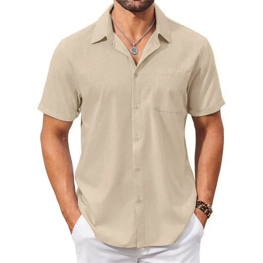 Cotton Linen Breathable Shirt for Men Solid Color Turn Down Collar