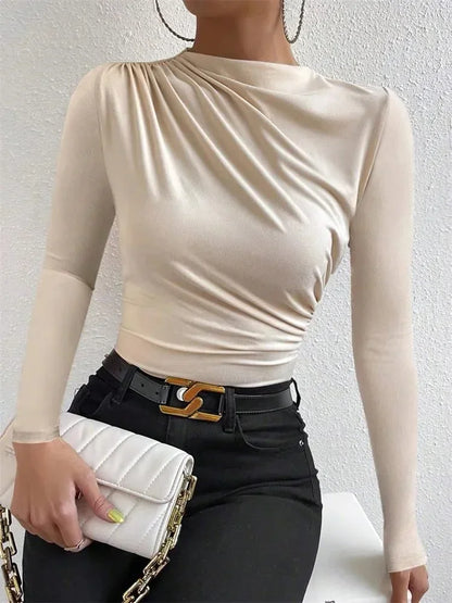 Casual Pleated Mock Neck Long Sleeve T-shirt for Women