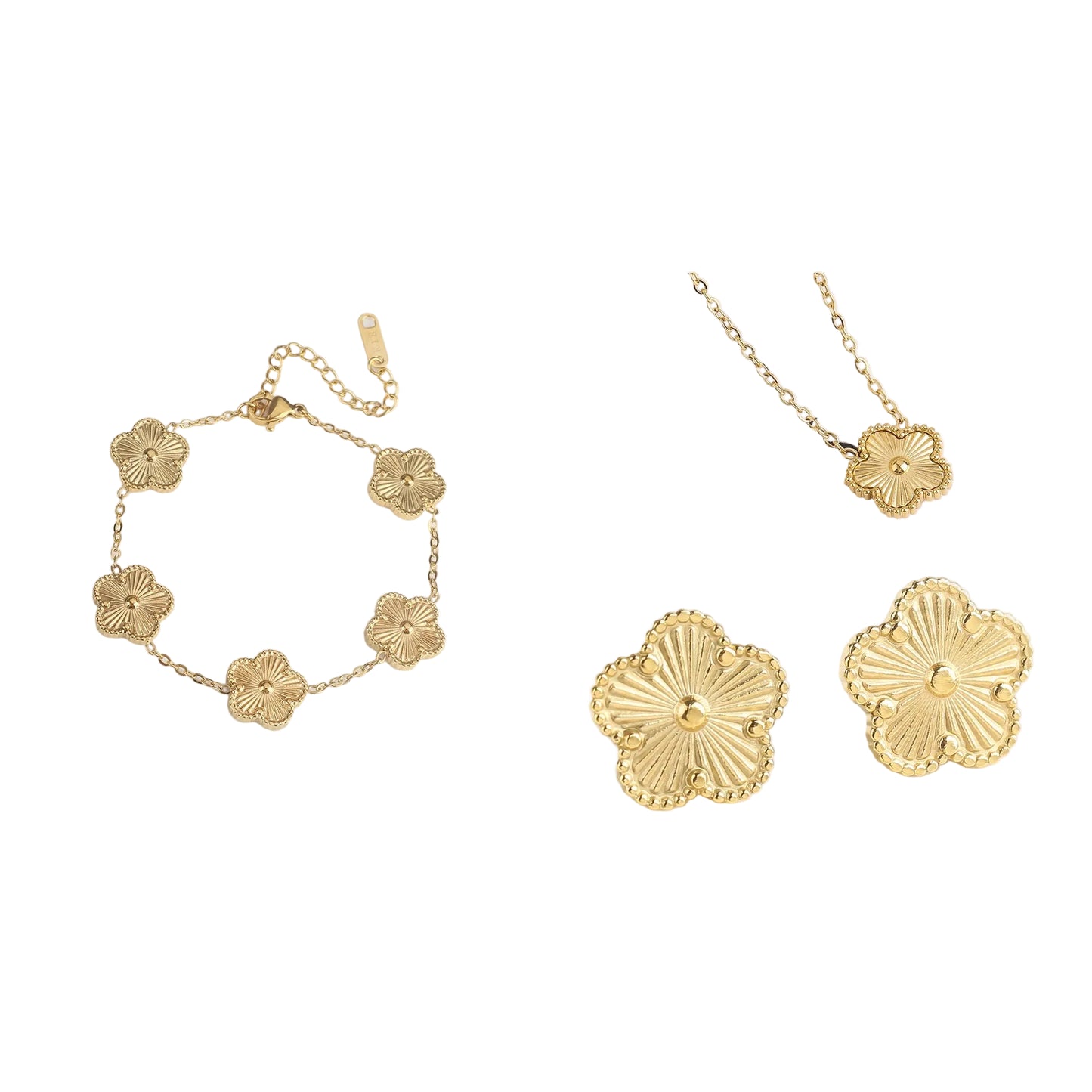Metal Laser Five Leaf Flower Bracelet Necklace Earrings Jewelry Set
