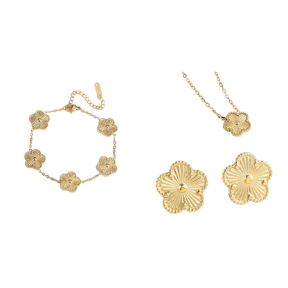 Metal Laser Five Leaf Flower Bracelet Necklace Earrings Jewelry Set