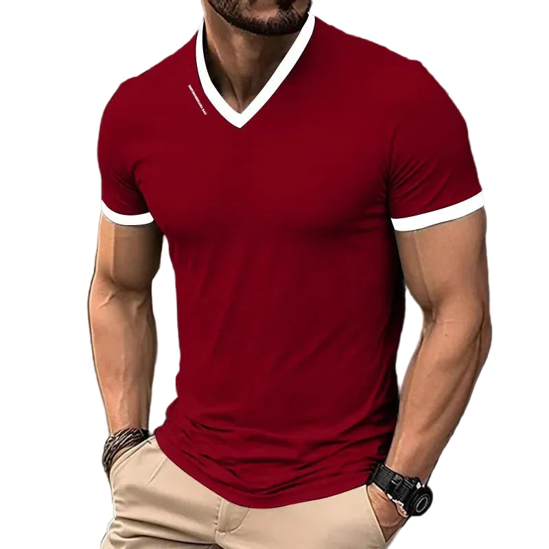 Men's Casual and Fashionable Solid Color V-neck Short Sleeved