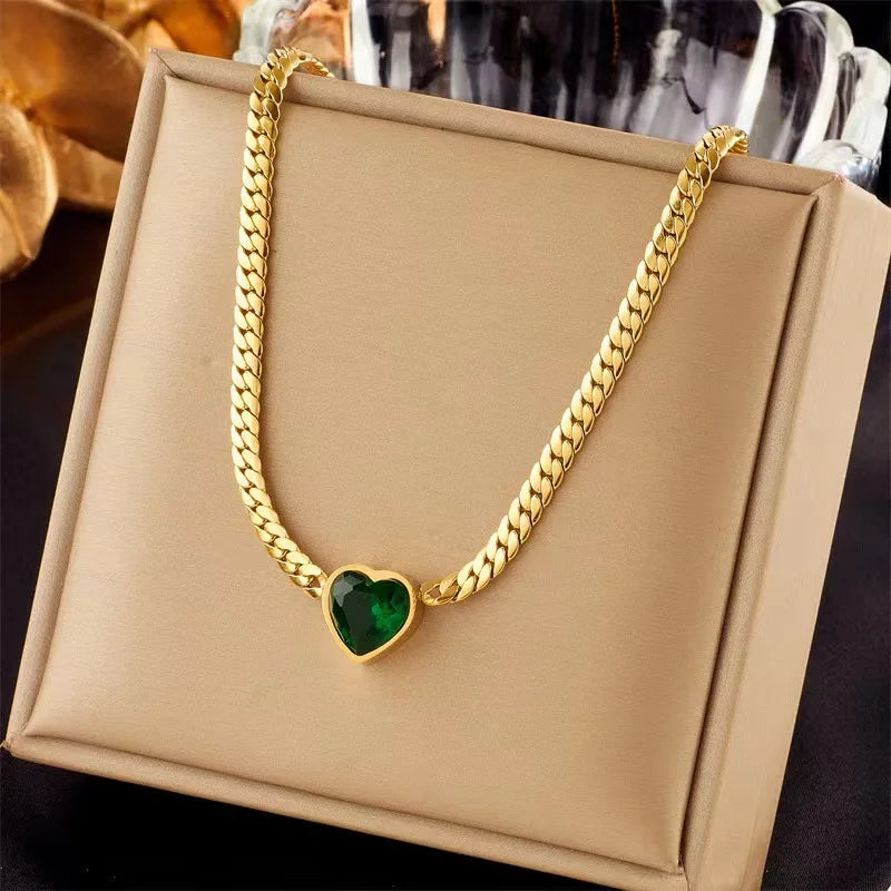 Stainless Steel Heart-Shaped Green White Crystal Pendant Necklace Bracelet For Women Fashion Jewelry Set Party Gift