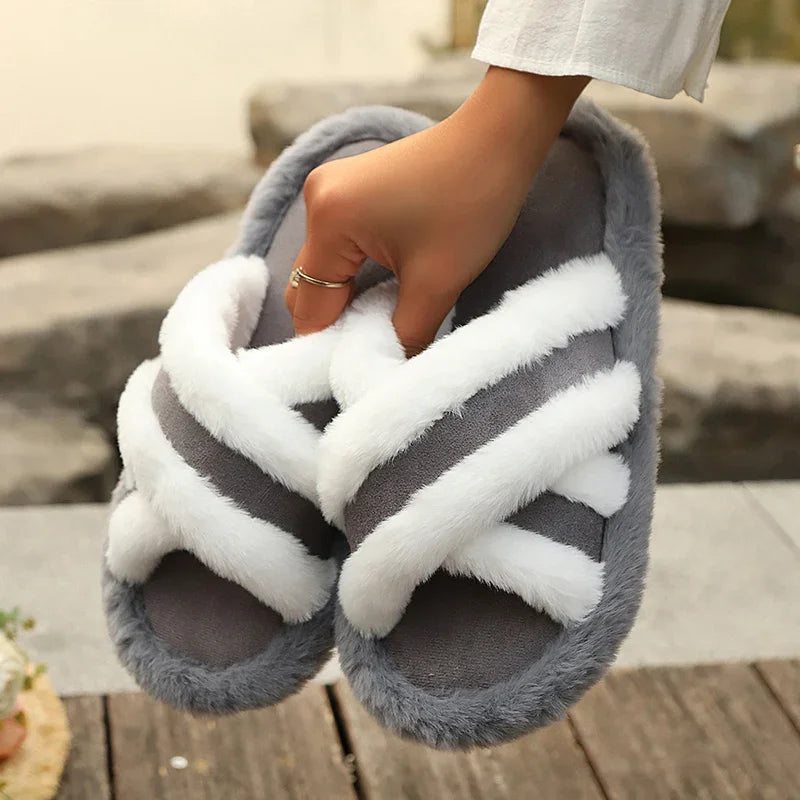 Luxury Faux Fur Cross Strap Slippers Women Winter