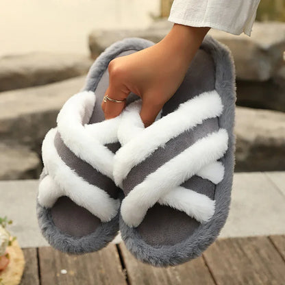 Luxury Faux Fur Cross Strap Slippers Women Winter
