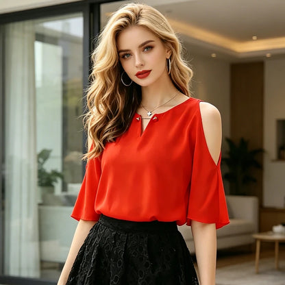 Shoulder Short Sleeve Summer Blouse Women