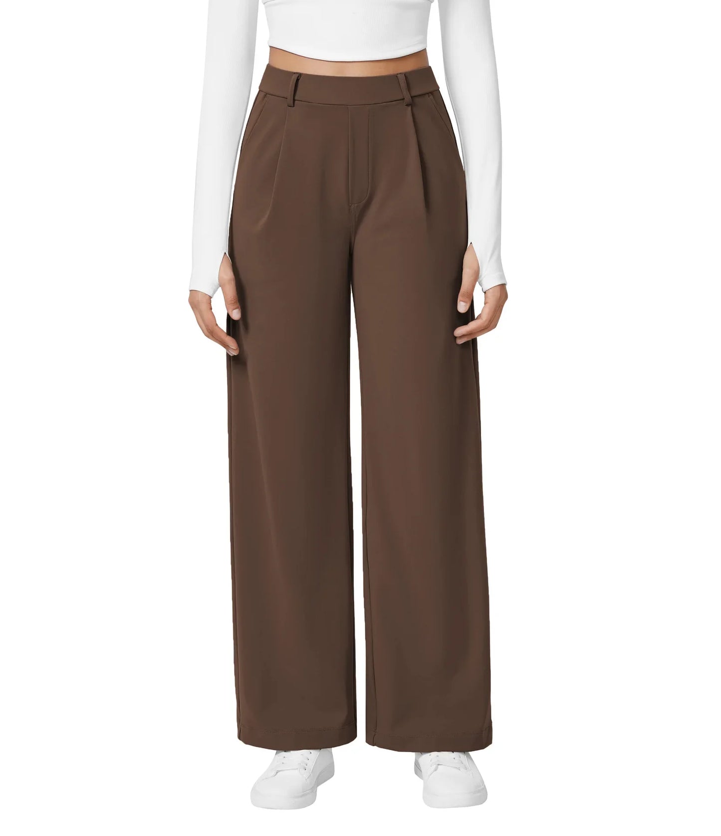 Flex High Waisted Work Pants Plicated Side Pockets Straight Leg
