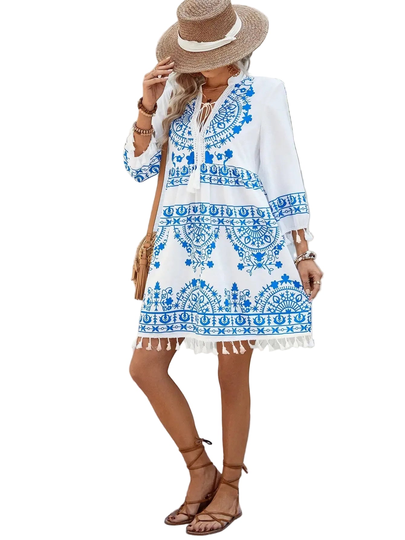 White background wavy pattern women's mid-length dress, casual, vacation style