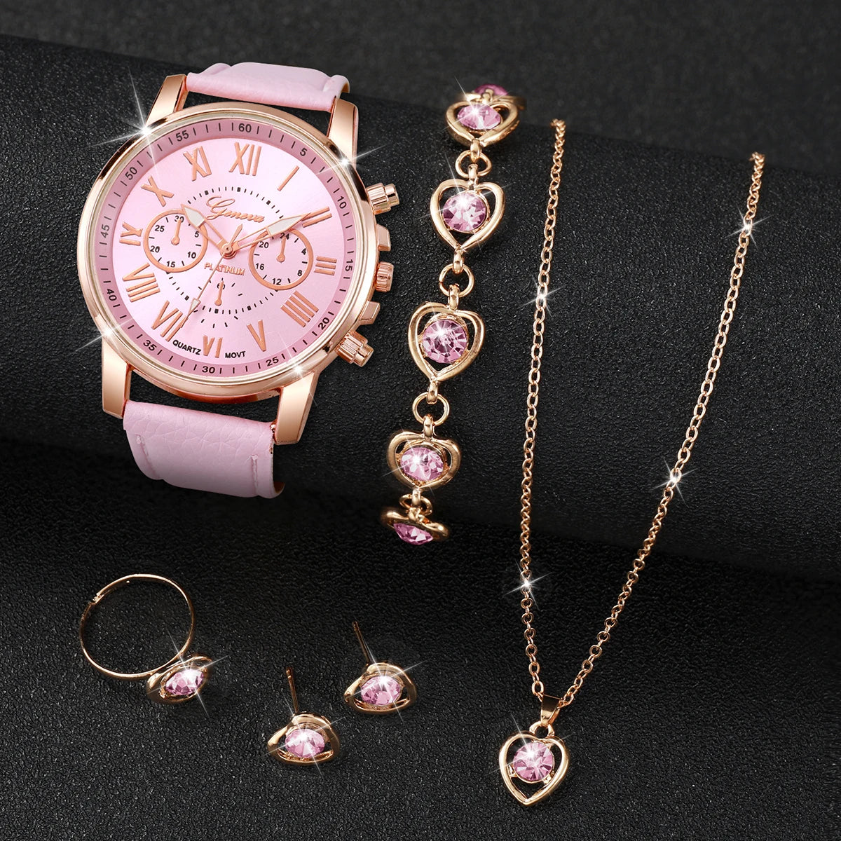 5/6PCS Fashion Women's Quartz Watch Leather Band Analog Wrist Watches Heart Rhinese Jewelry Set(Without Box)
