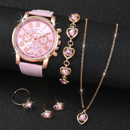 5/6PCS Fashion Women's Quartz Watch Leather Band Analog Wrist Watches Heart Rhinese Jewelry Set(Without Box)