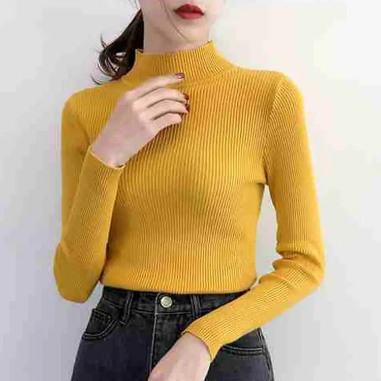 Autumn Winter Mock Neck Women Sweater Vintage Basic Solid