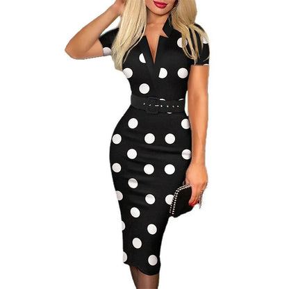 Allover Print V Neck Pencil Dress Elegant Long Sleeve Belt Dress