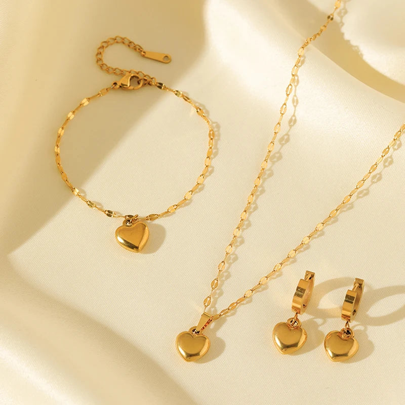 Stainless Steel Heart Love Necklace Bracelets Earrings Set For Women New Trendy 18K Gold Plated Waterproof Jewelry