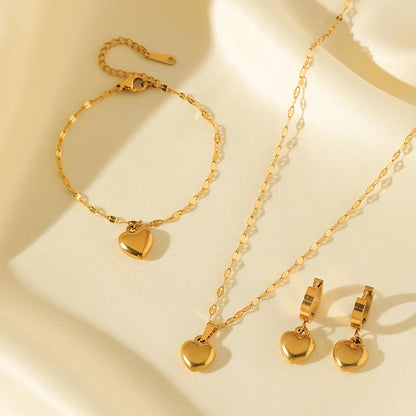 Stainless Steel Heart Love Necklace Bracelets Earrings Set For Women New Trendy 18K Gold Plated Waterproof Jewelry