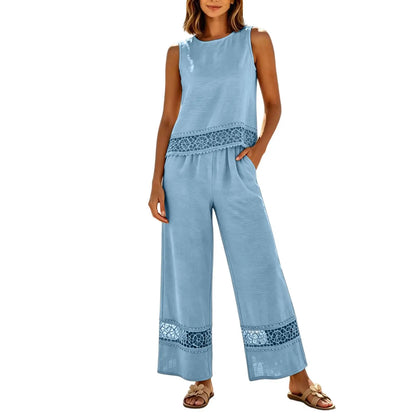 Women's 2 Piece Lace Set - Crop Top & Wide Leg Pants