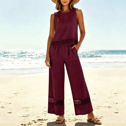 Women's 2 Piece Lace Set - Crop Top & Wide Leg Pants