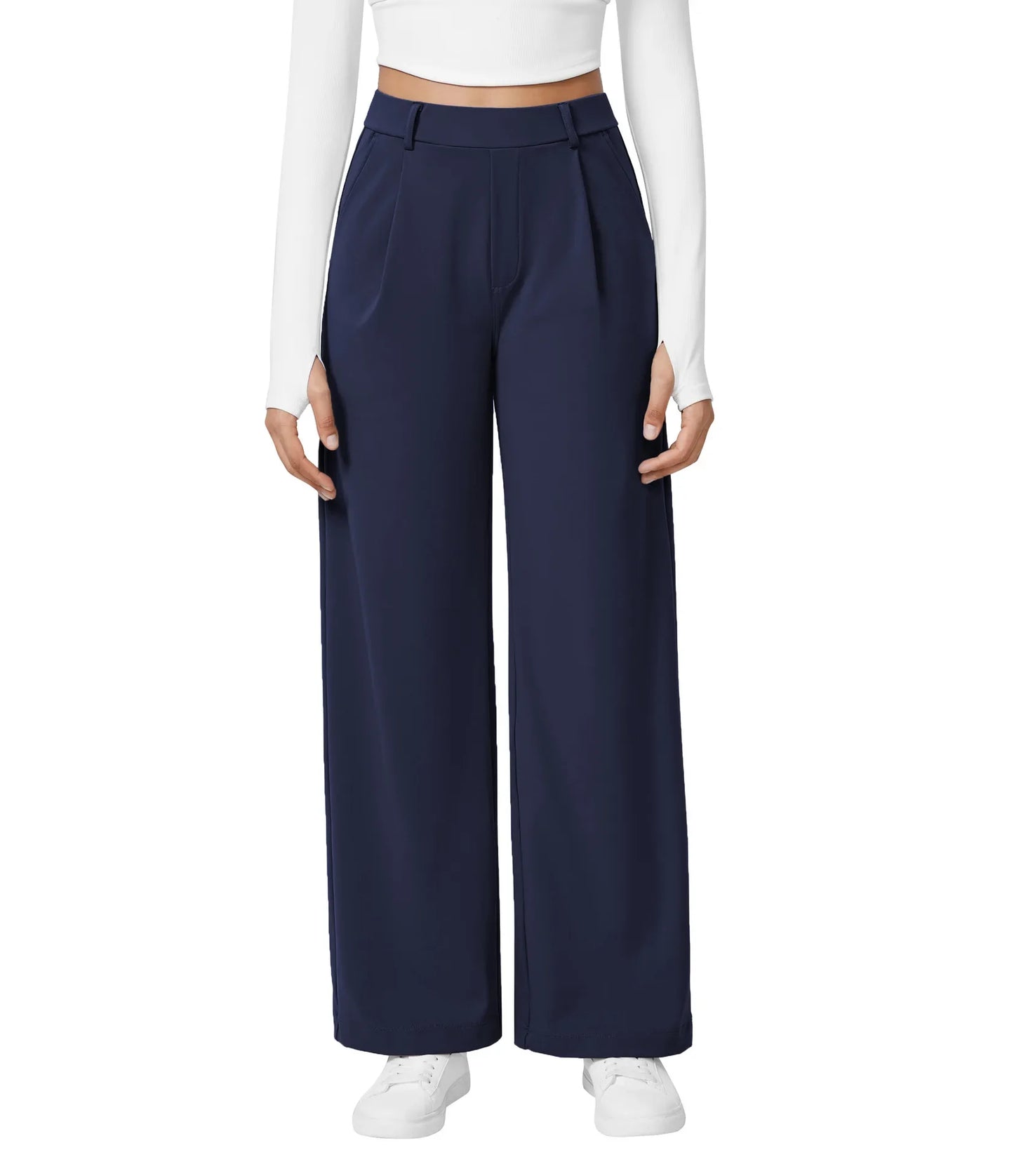 Flex High Waisted Work Pants Plicated Side Pockets Straight Leg