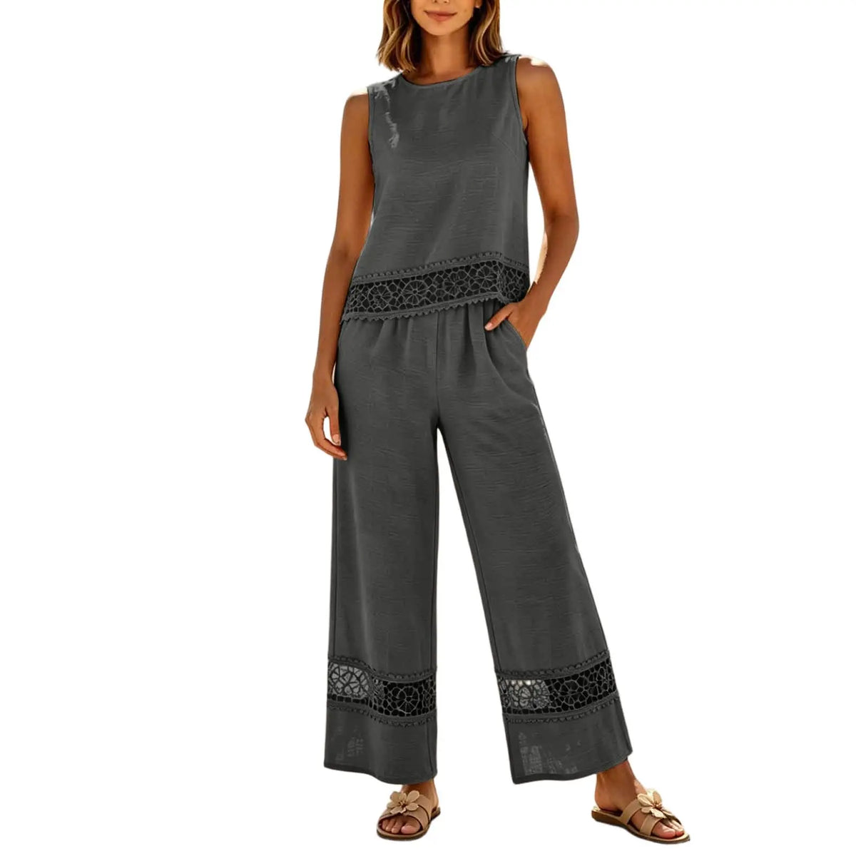 Women's 2 Piece Lace Set - Crop Top & Wide Leg Pants