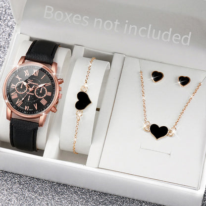 5/6PCS Fashion Women's Quartz Watch Leather Band Analog Wrist Watches Heart Rhinese Jewelry Set(Without Box)