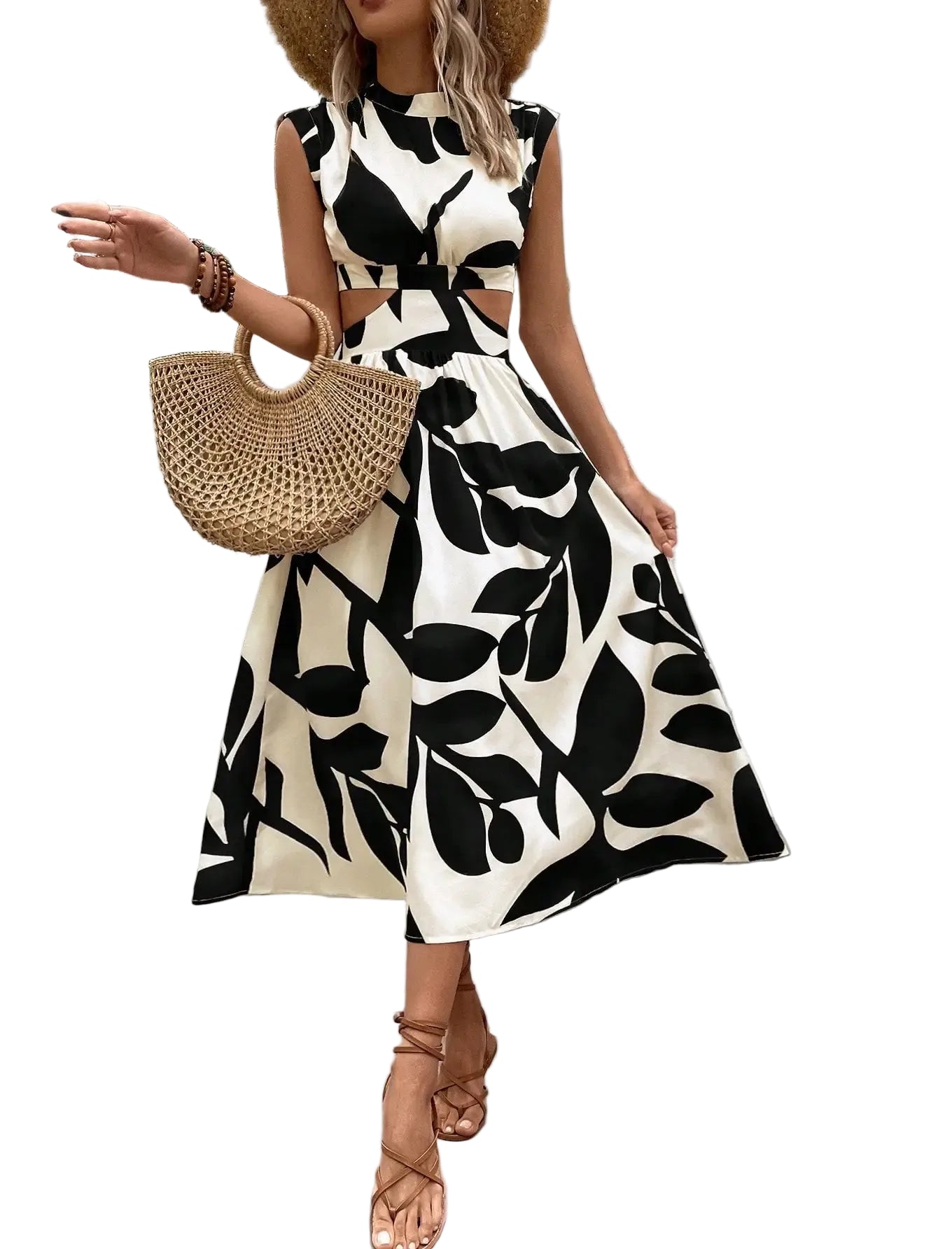 Women's Black White Abstract Leaf Print Maxi Dress