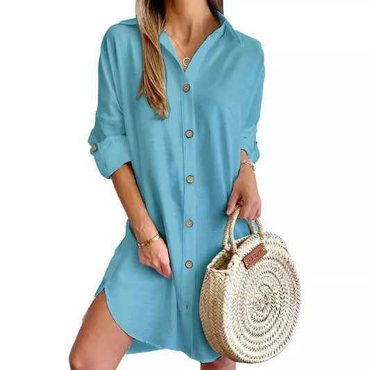 Solid Color Button Front Shirt Dress Casual
