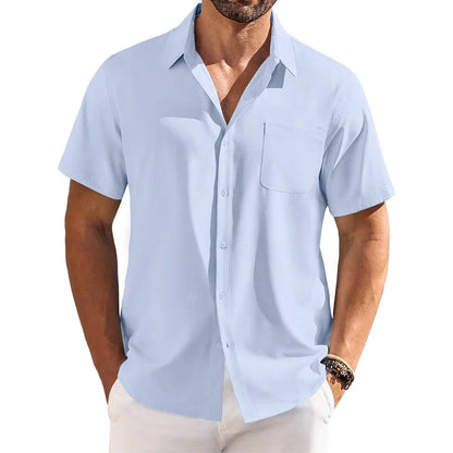 Cotton Linen Breathable Shirt for Men Solid Color Turn Down Collar