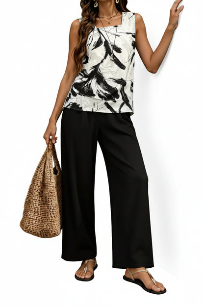 Women's 2-Piece Vacation Set - Tank Top & Leaf Print Wide Leg Pants
