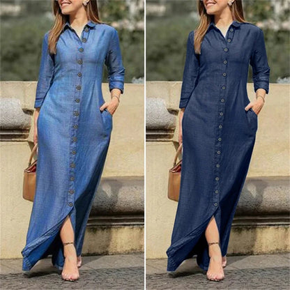 Autumn Elegant Women's Denim Dress Long Sleeve Buttons Shirt Long