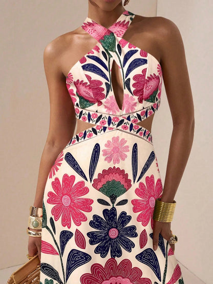 Women's Floral Halter Maxi Dress – Cutout Waist & Ruffle Hem